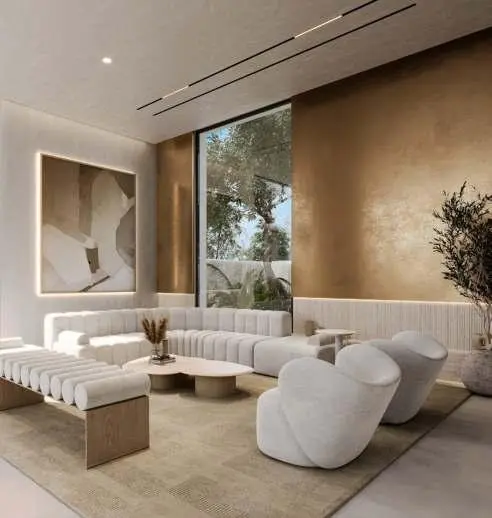 Al Naseem Villa Dining Area - Open plan living with travertine porcelain tiles
