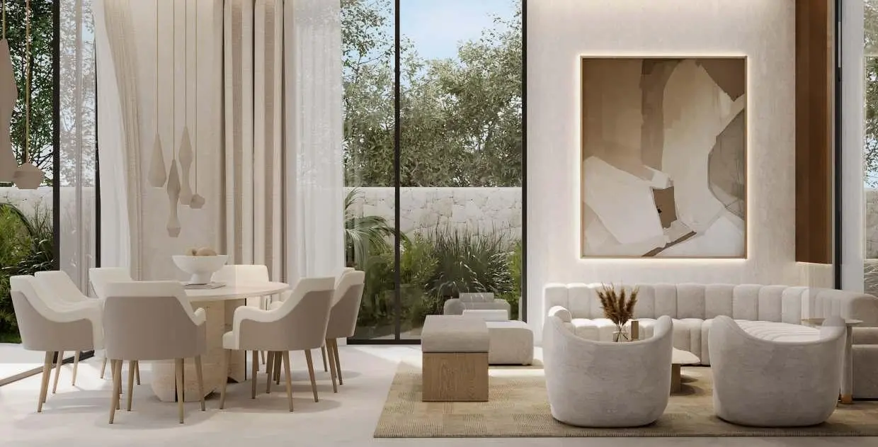 Al Naseem Villa Dining Area - Open plan living with travertine porcelain tiles